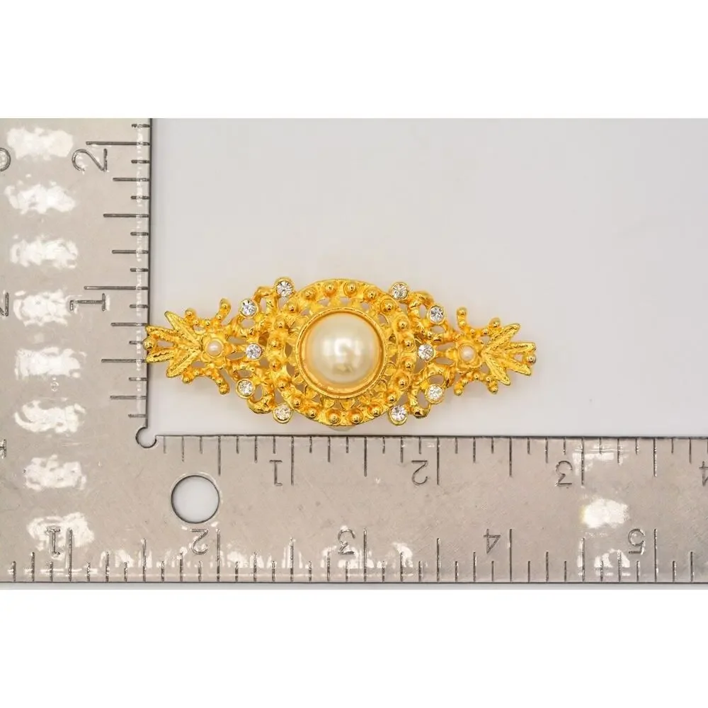 Vintage Pin Brooch Brushed Gold White Pearl Bar Rhinestone Crystal 1980s BinAL